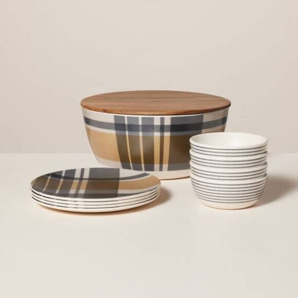 Hearth & Hand™ with Magnolia Plaid Stripe Bamboo Melamine Picnic Set NWT - Picture 1 of 6